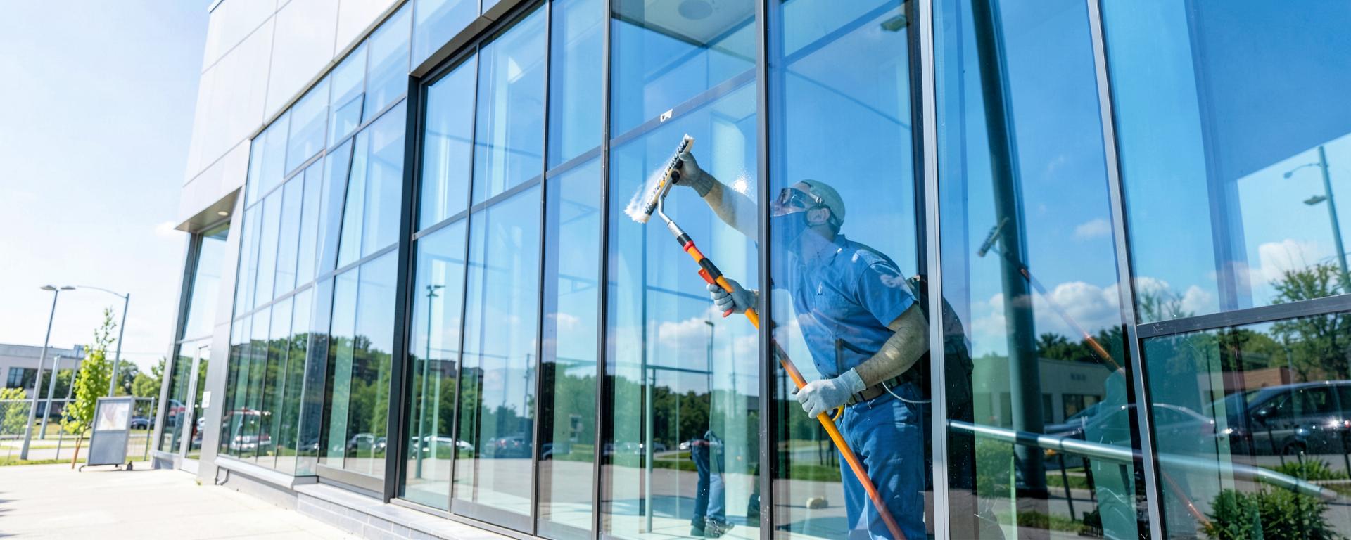 Fensterreiniger reinigt eine moderne Glasfassade bei Sonnenschein